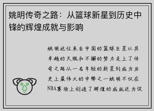 姚明传奇之路：从篮球新星到历史中锋的辉煌成就与影响