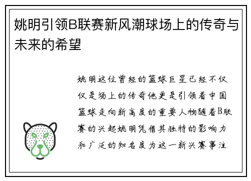 姚明引领B联赛新风潮球场上的传奇与未来的希望